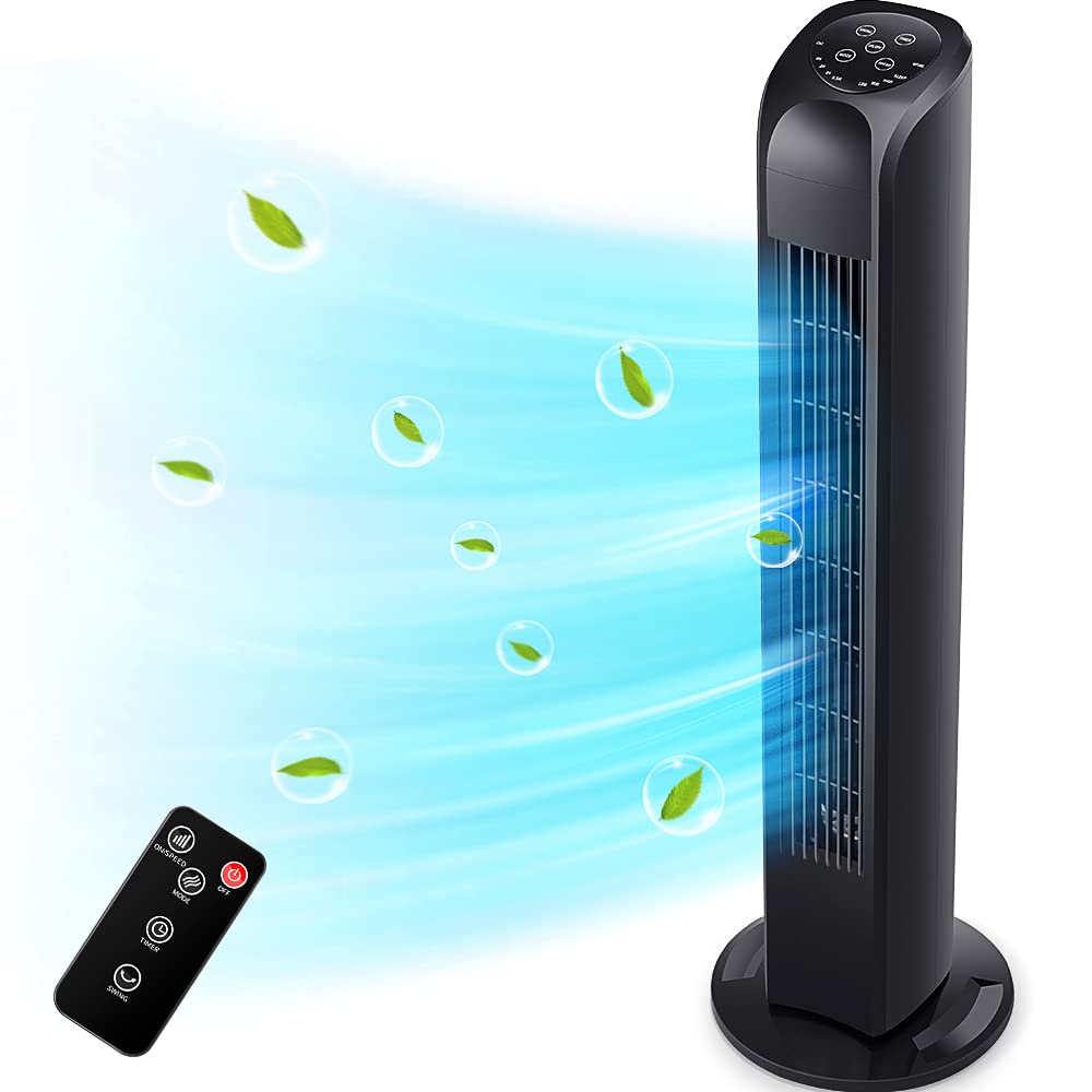 Electric Oscillating Tower Fan with Remote Control for Bedroom and Office, Quiet Portable Bladeless Tower Fan, 30 inches